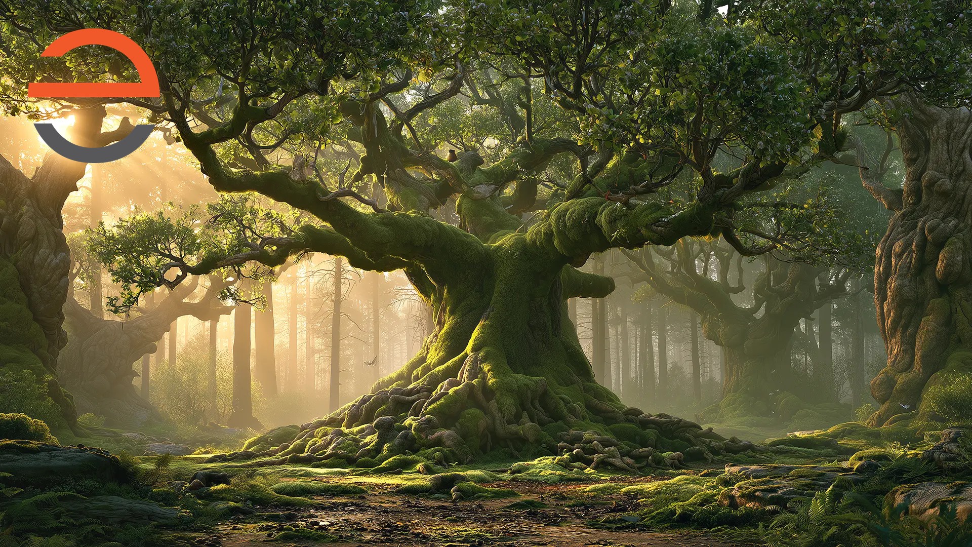 Cinderella's Mother Tree in golden-hour light - a fully digital scenic backdrop built by e-llusion media to place a scene anywhere a physical set can't