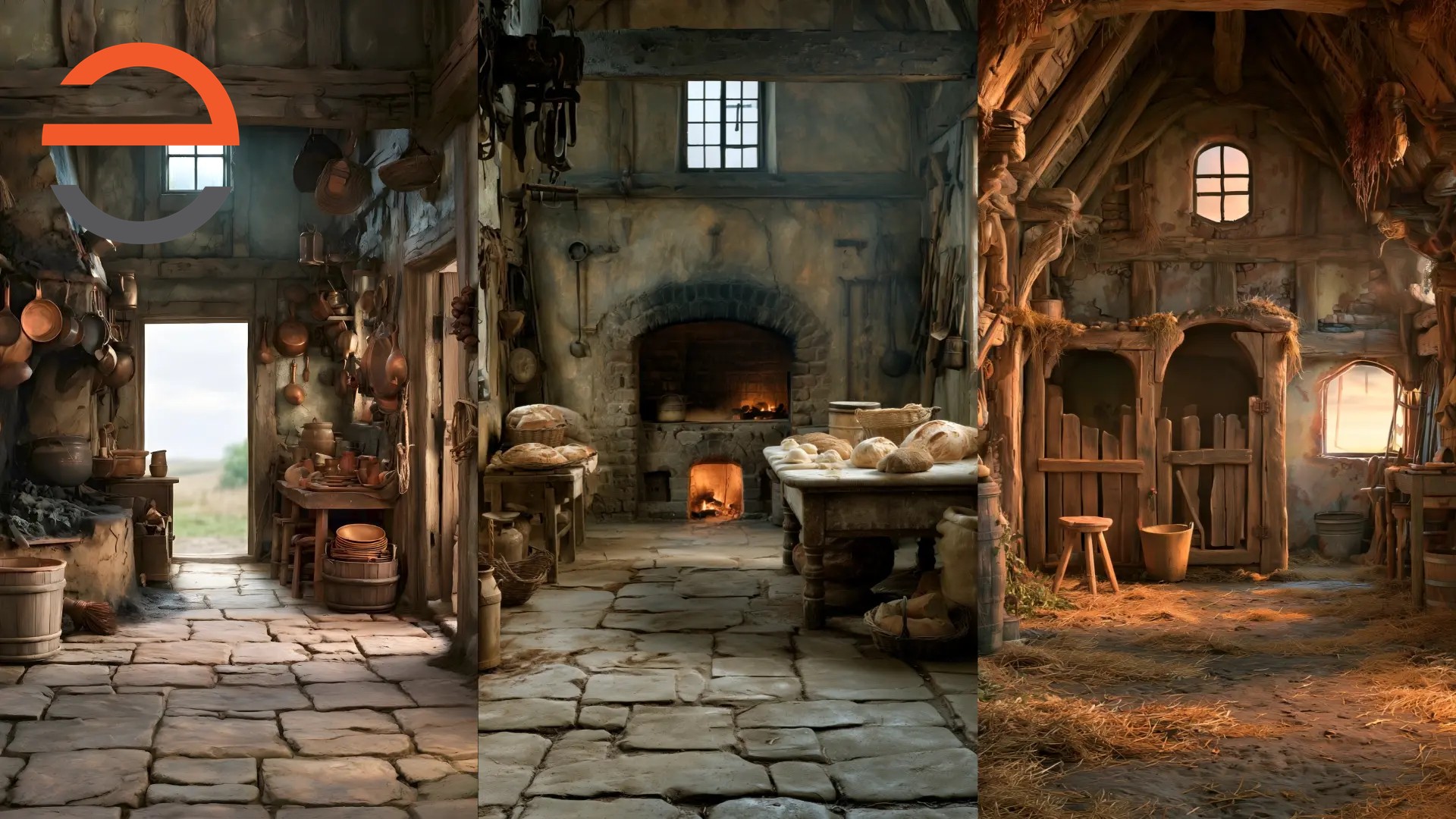 Into the Woods Prologue scenery with locations for Cinderella, the Bakers and Jack in one panel composition