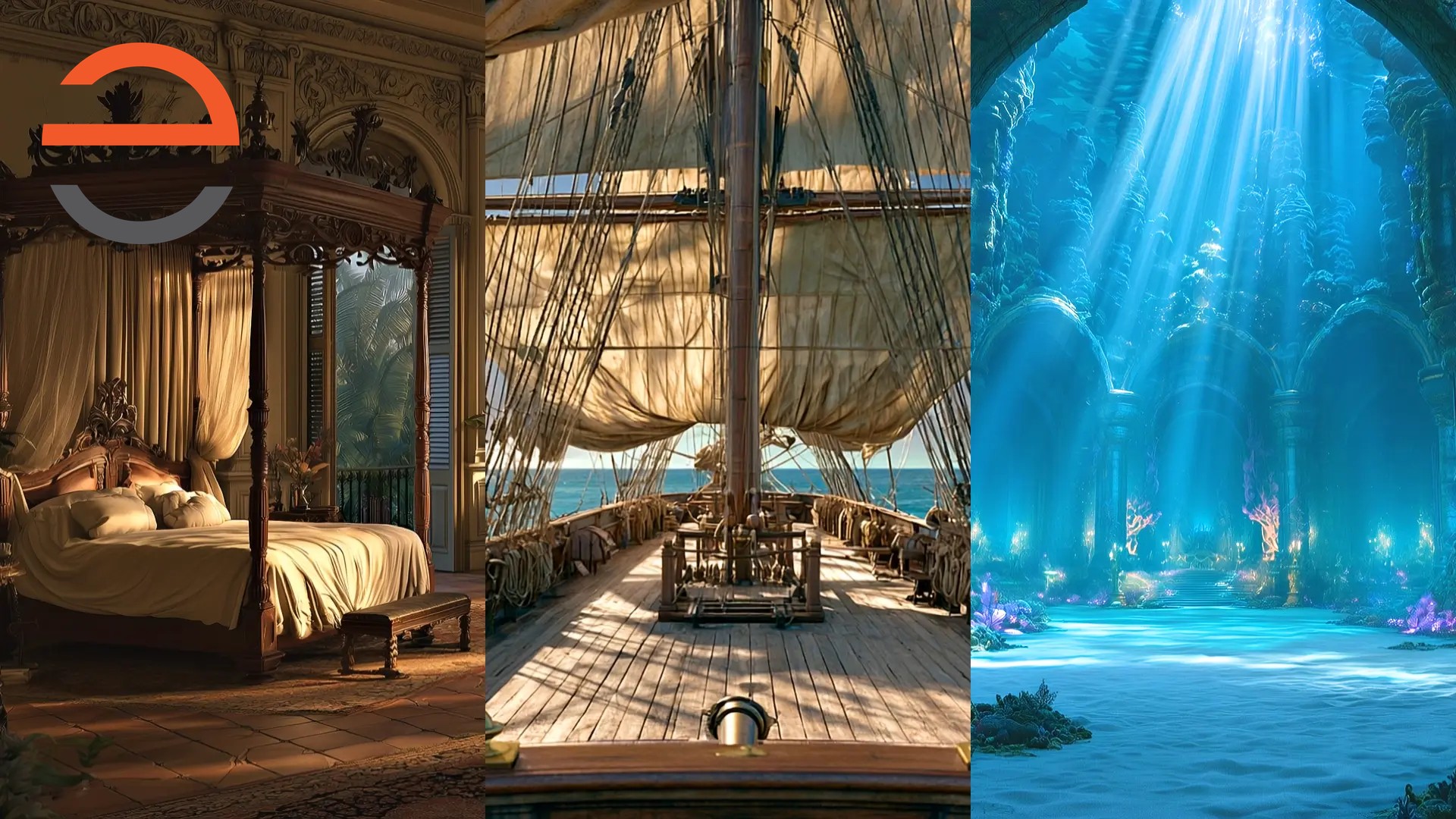 Animated multi-panel scenery for The Little Mermaid's If Only quartet, showing several locations together
